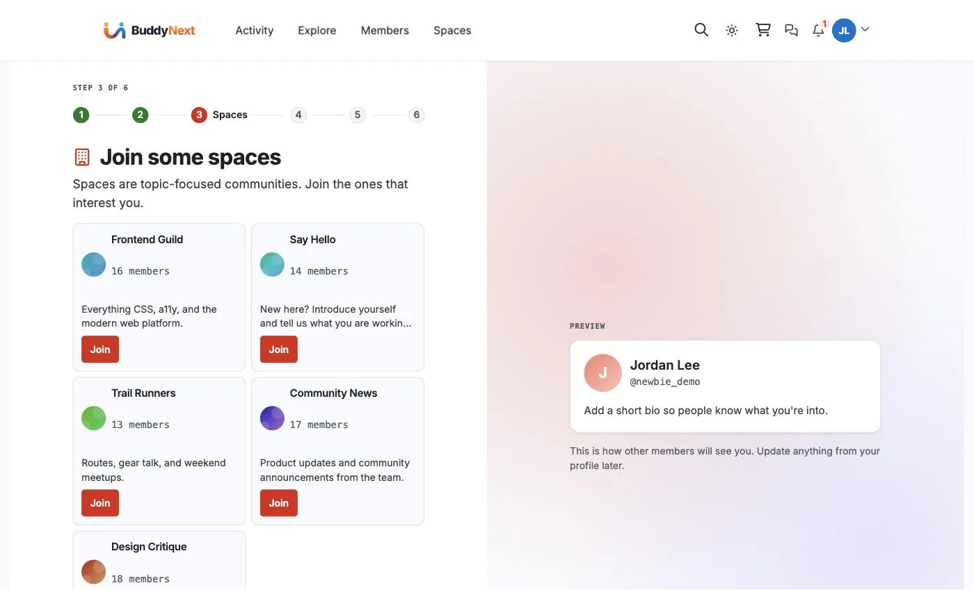 Onboarding step 3: join topic-focused spaces