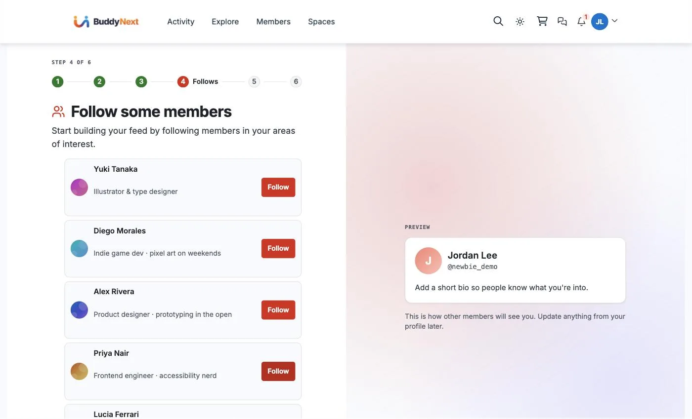 Onboarding step 4: follow suggested members to build a feed