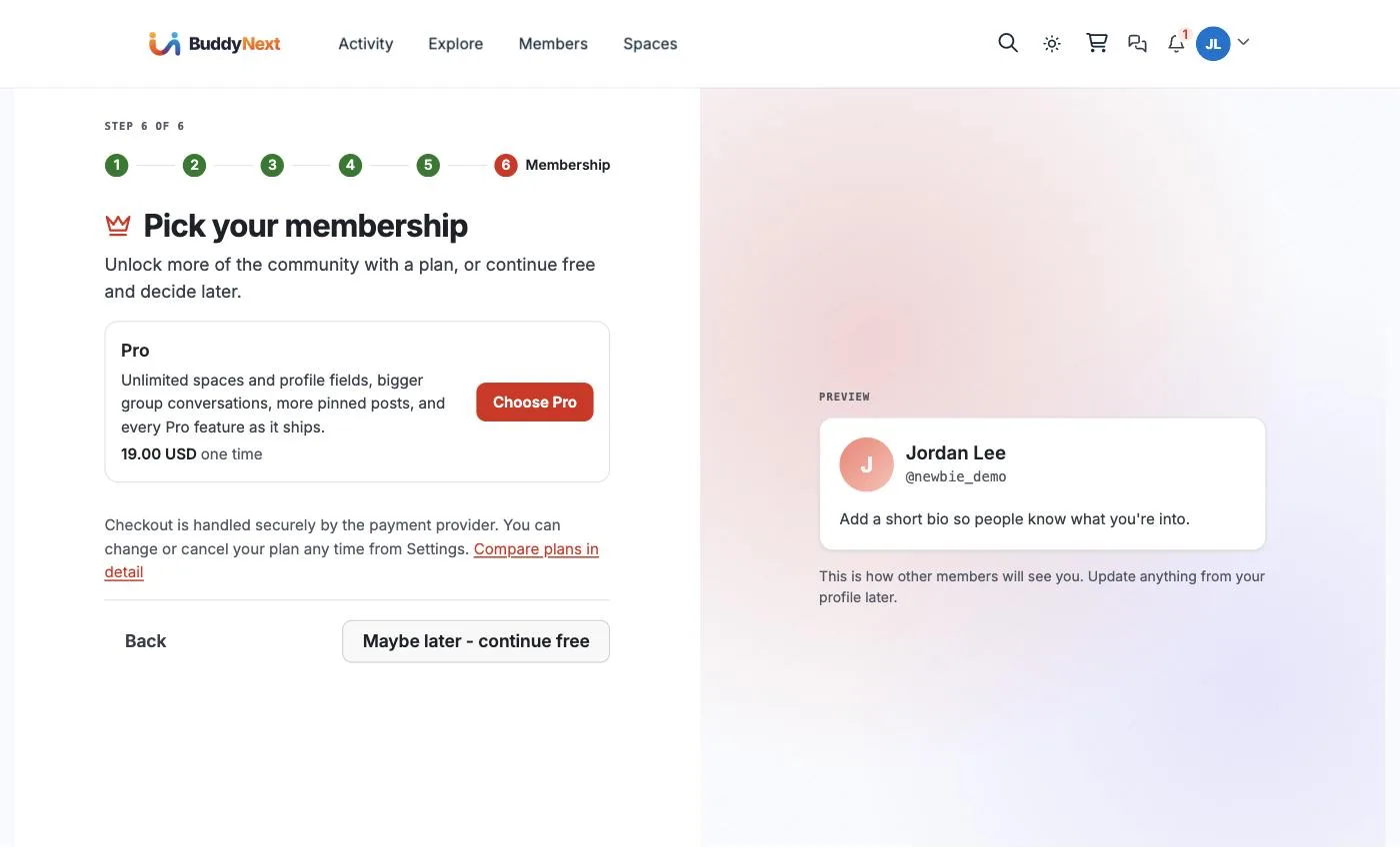 Onboarding step 6: an optional Pro membership offer