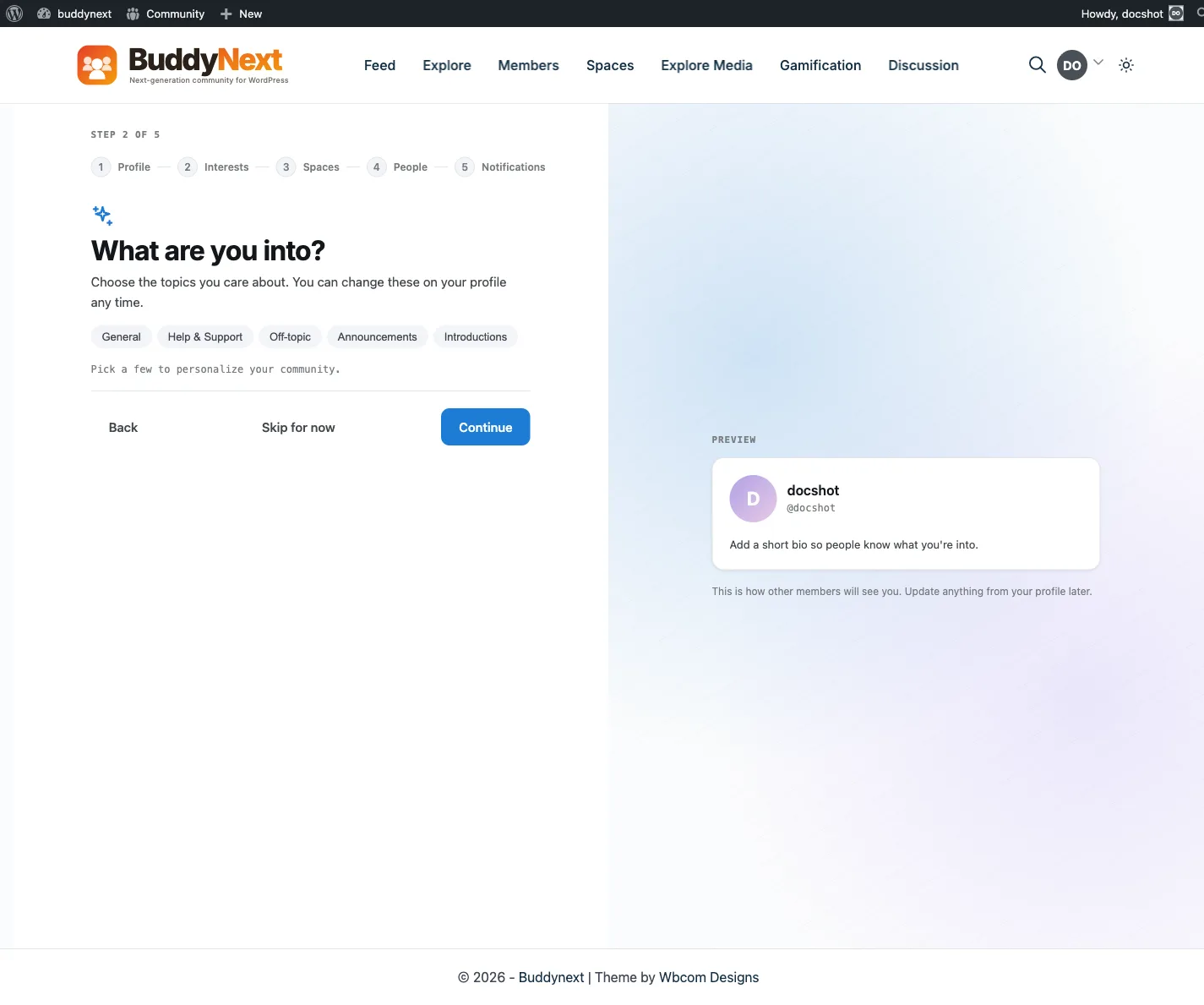 The onboarding step where a new member picks their interests