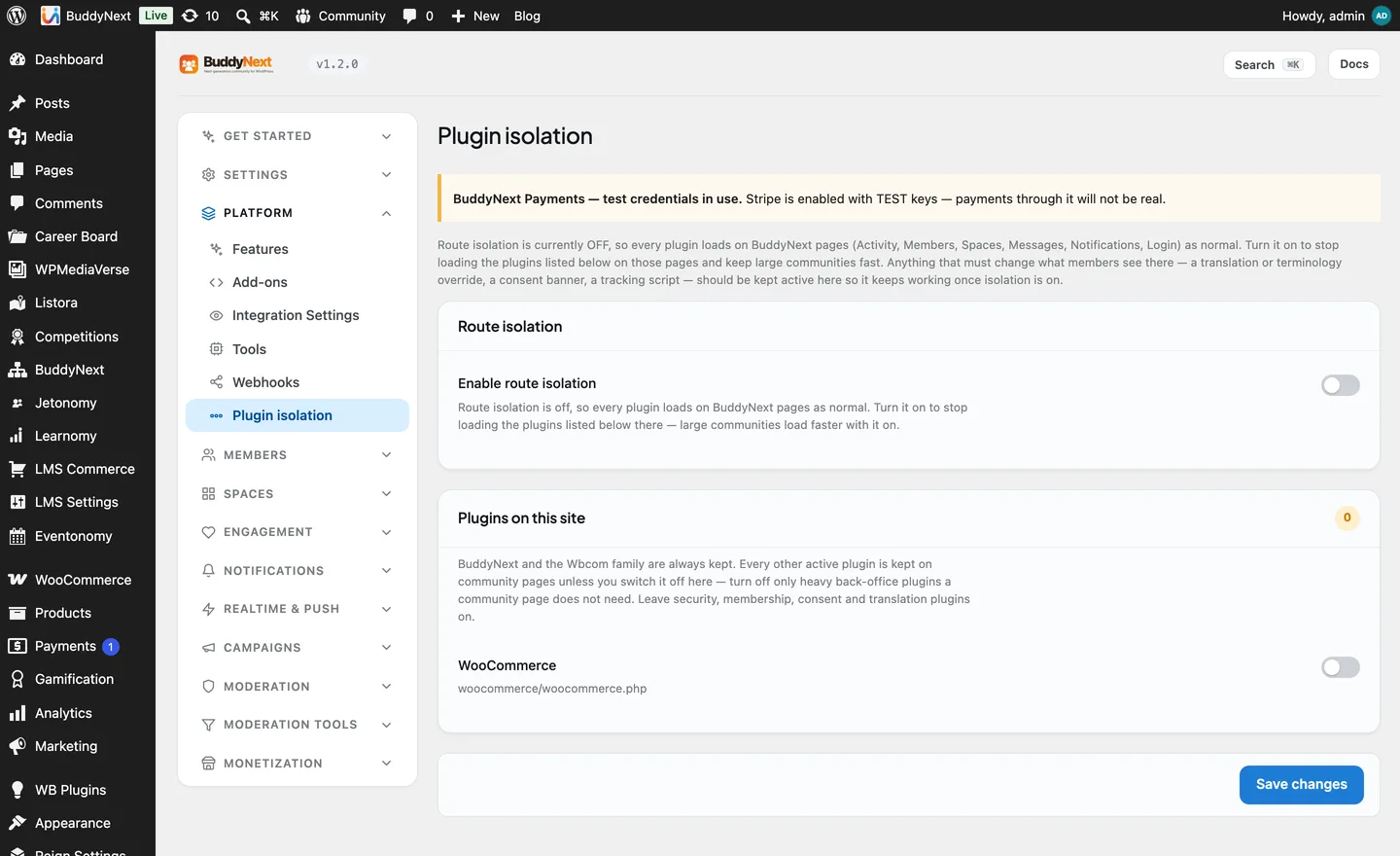 The Plugin isolation screen under BuddyNext > Platform, with route isolation off and the per-plugin skip list