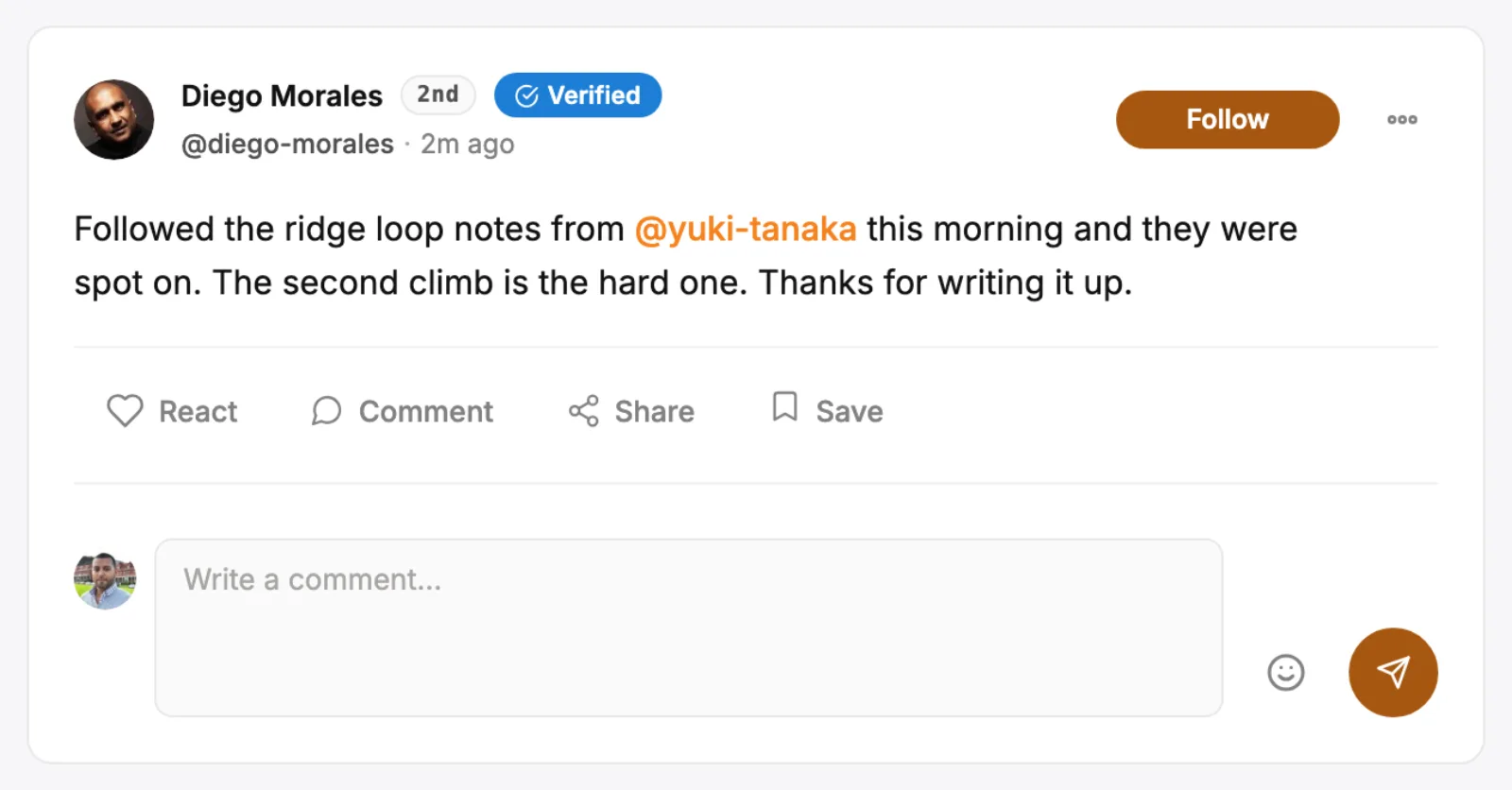 A post that mentions another member: the @name is highlighted and links to their profile