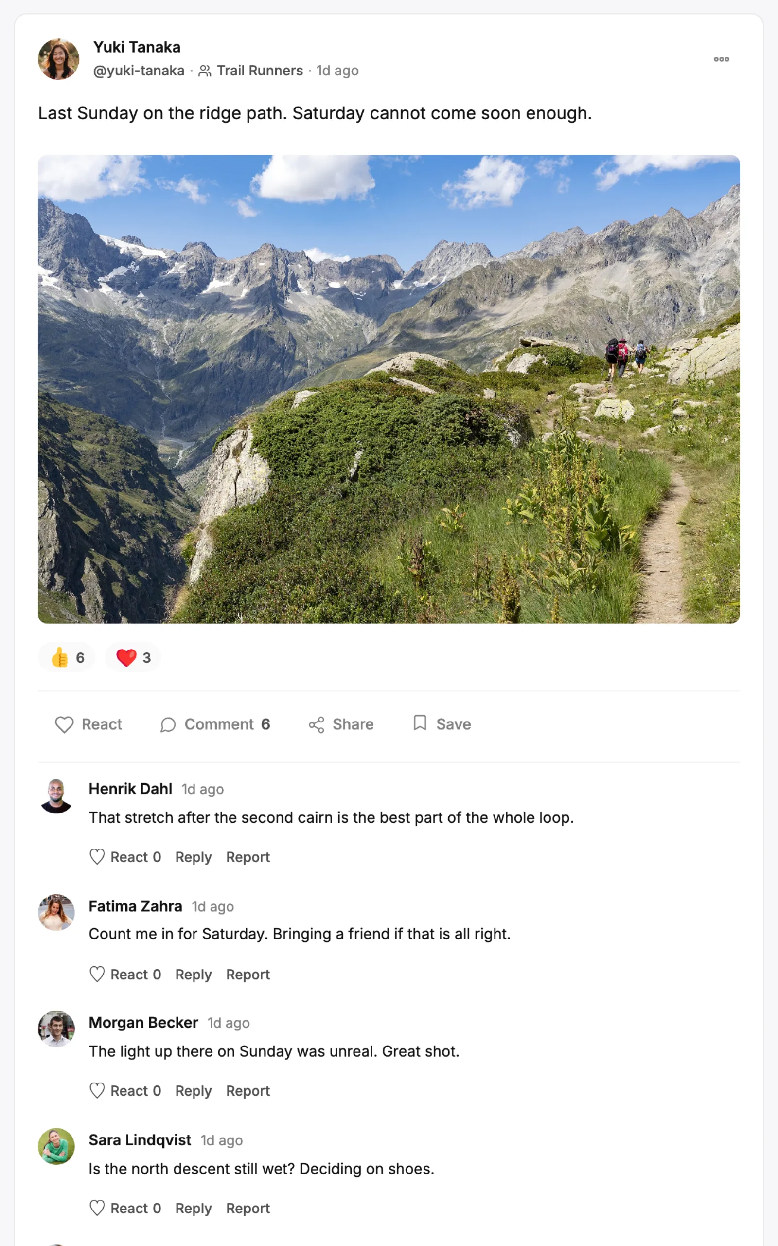 A photo post in the activity feed with reactions and comments