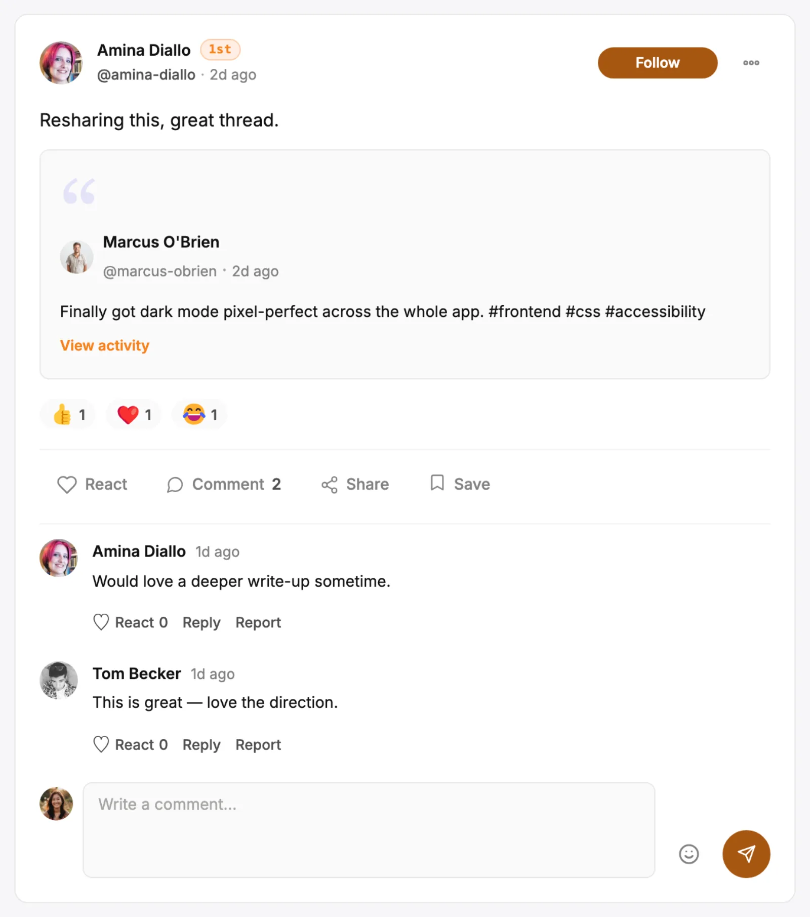 A reposted post: the member's own note above the original post, quoted inside the card