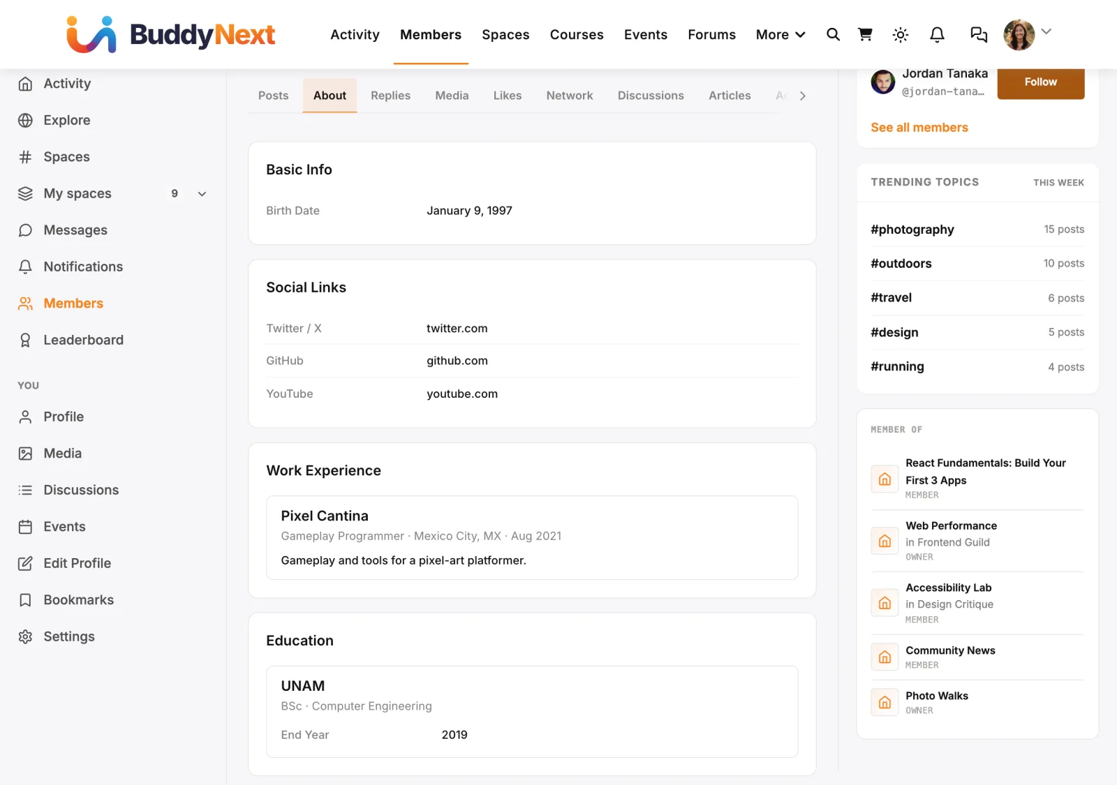 About tab on a member profile with basic info, social links, work experience and education