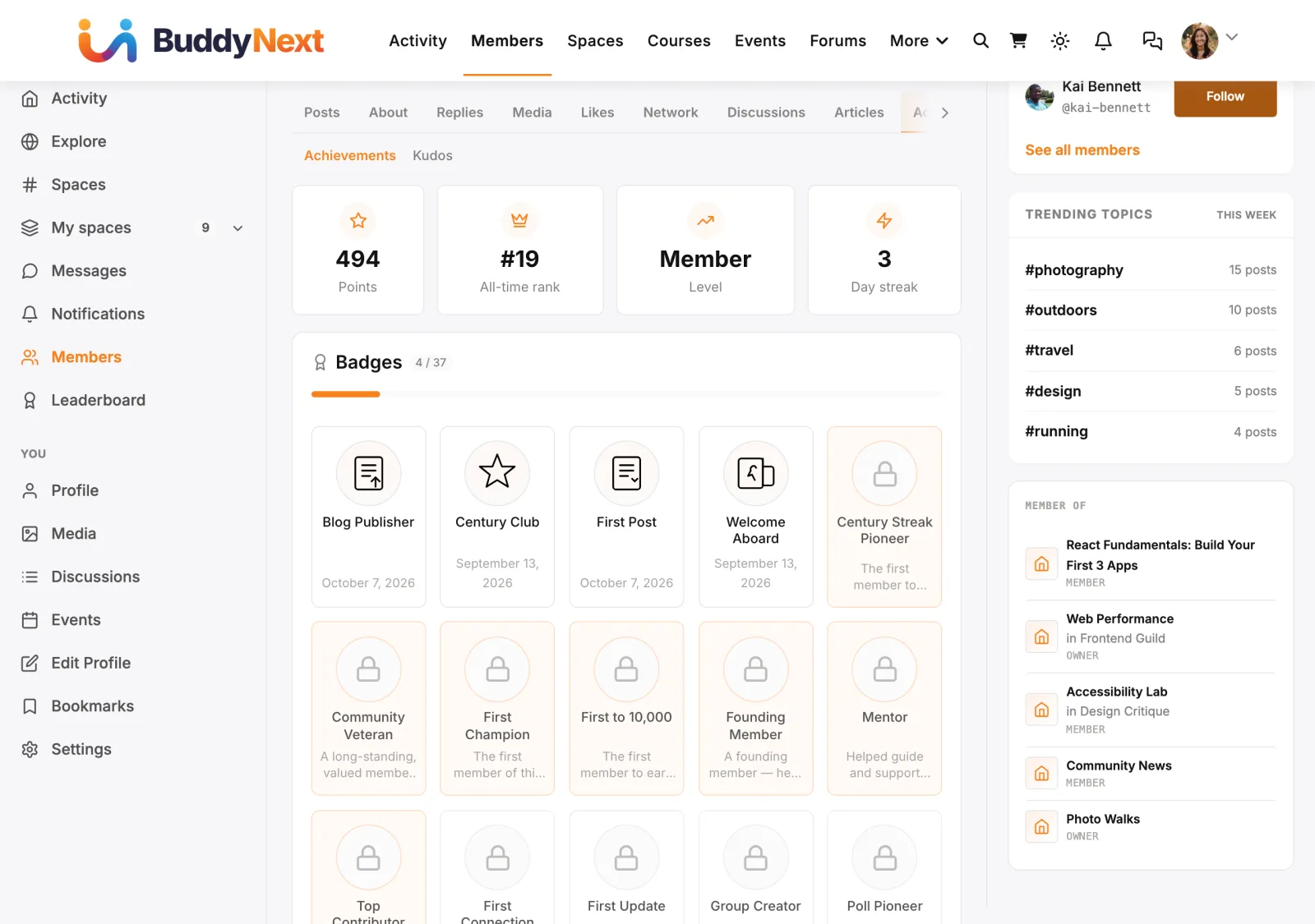 Achievements tab on a member profile with points, rank, level, streak and badges