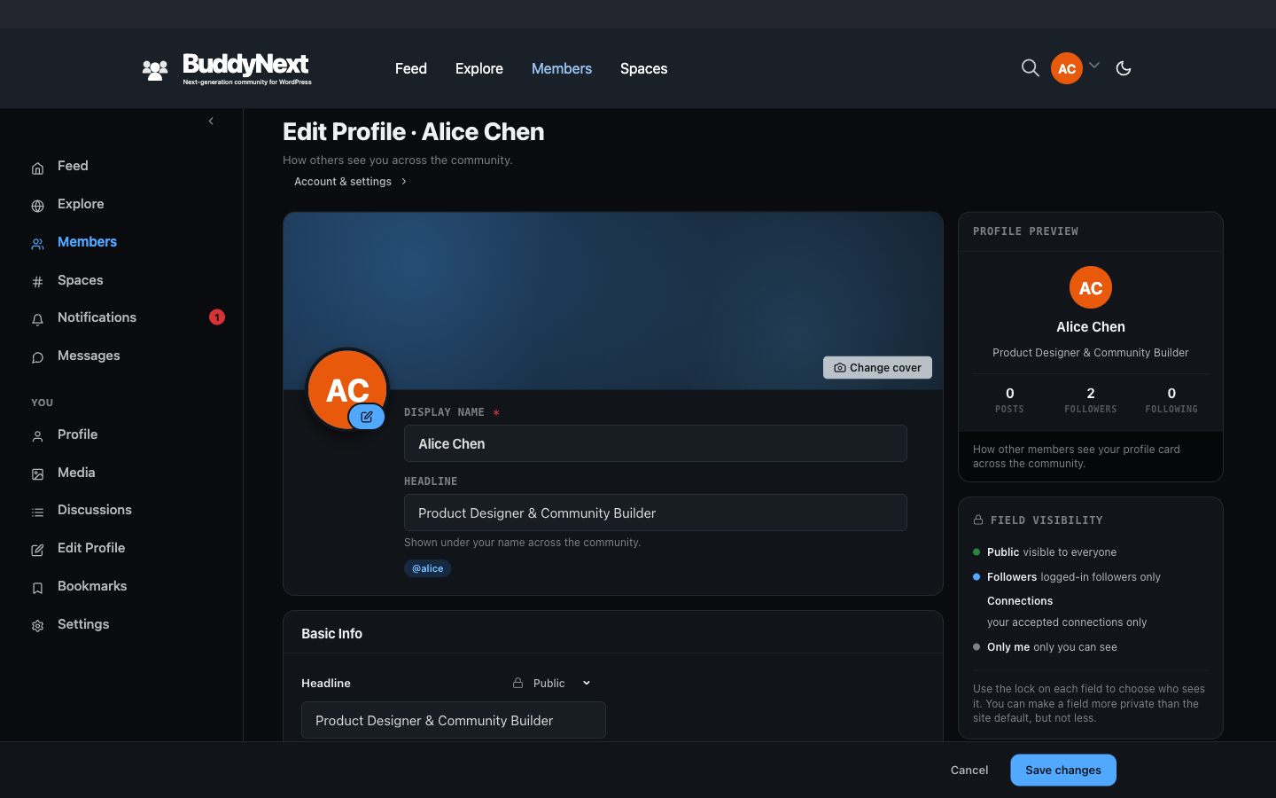 The Edit Profile screen - change cover photo and avatar, display name, headline, bio and profile fields, with a live preview