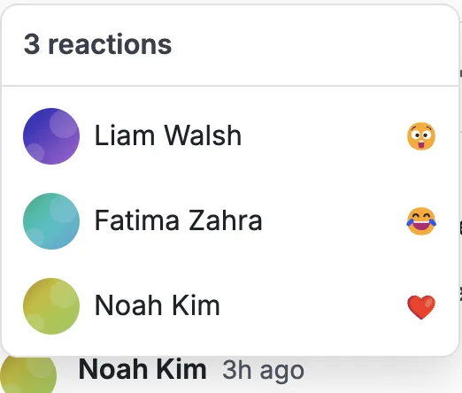 The "see who reacted" popover - each member who reacted, with their avatar, name and the emoji they chose