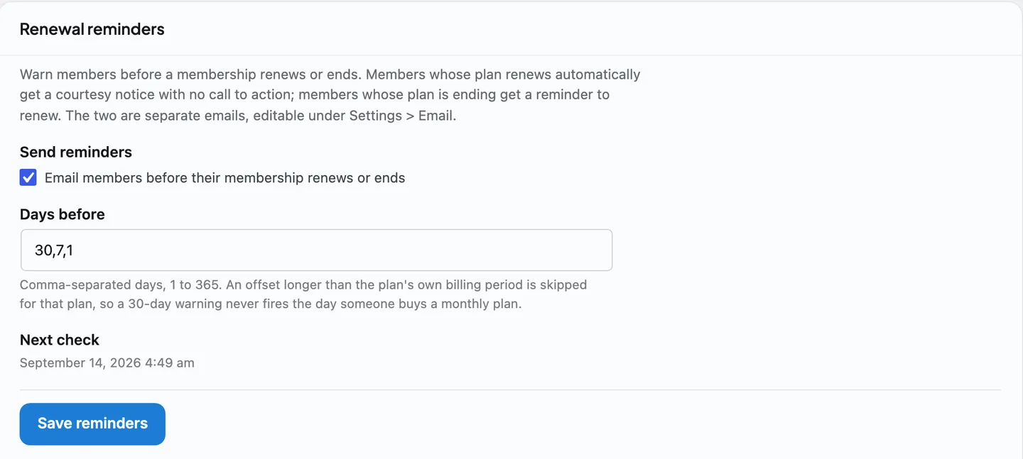 The Renewal reminders settings - the send toggle and the comma-separated "days before" offsets that decide when each reminder fires