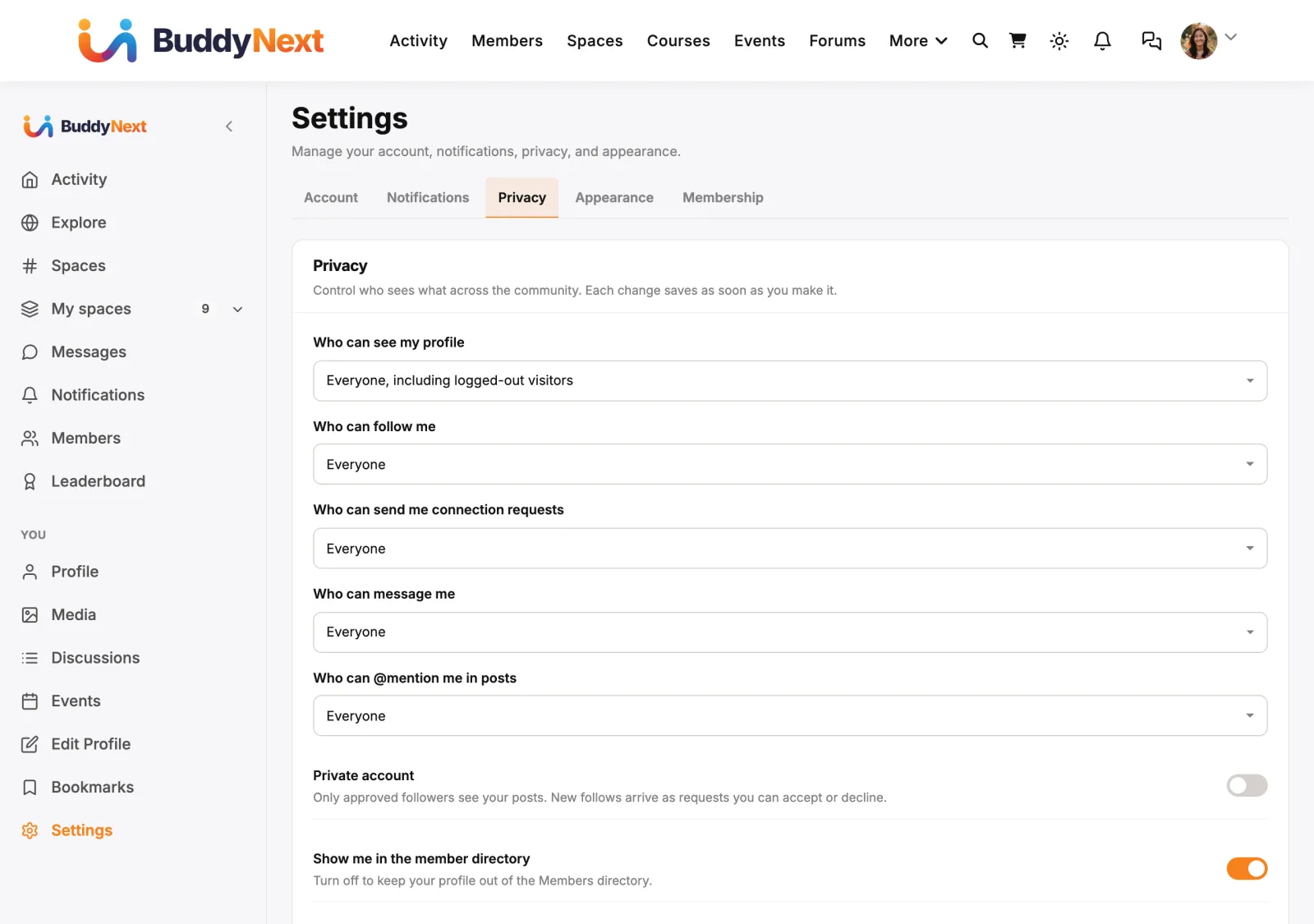 Privacy settings: who can see your profile, follow you, send requests, message you and mention you