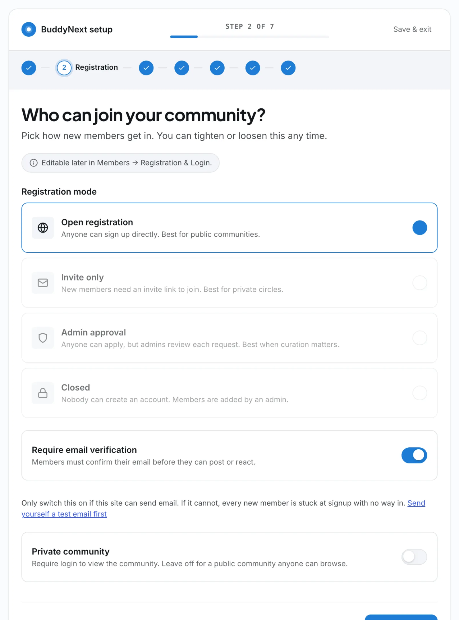Step 2 of the Setup Wizard: registration mode, email verification and private community
