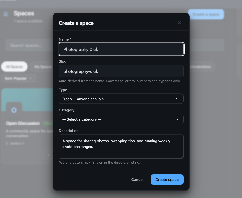 The Create a space form - name with an auto-derived slug, type, category and description fields