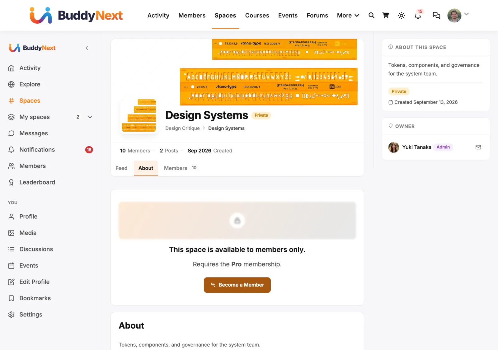 A gated space as a member without the plan sees it: the space header, then "This space is available to members only" with the plan it needs and a Become a Member button
