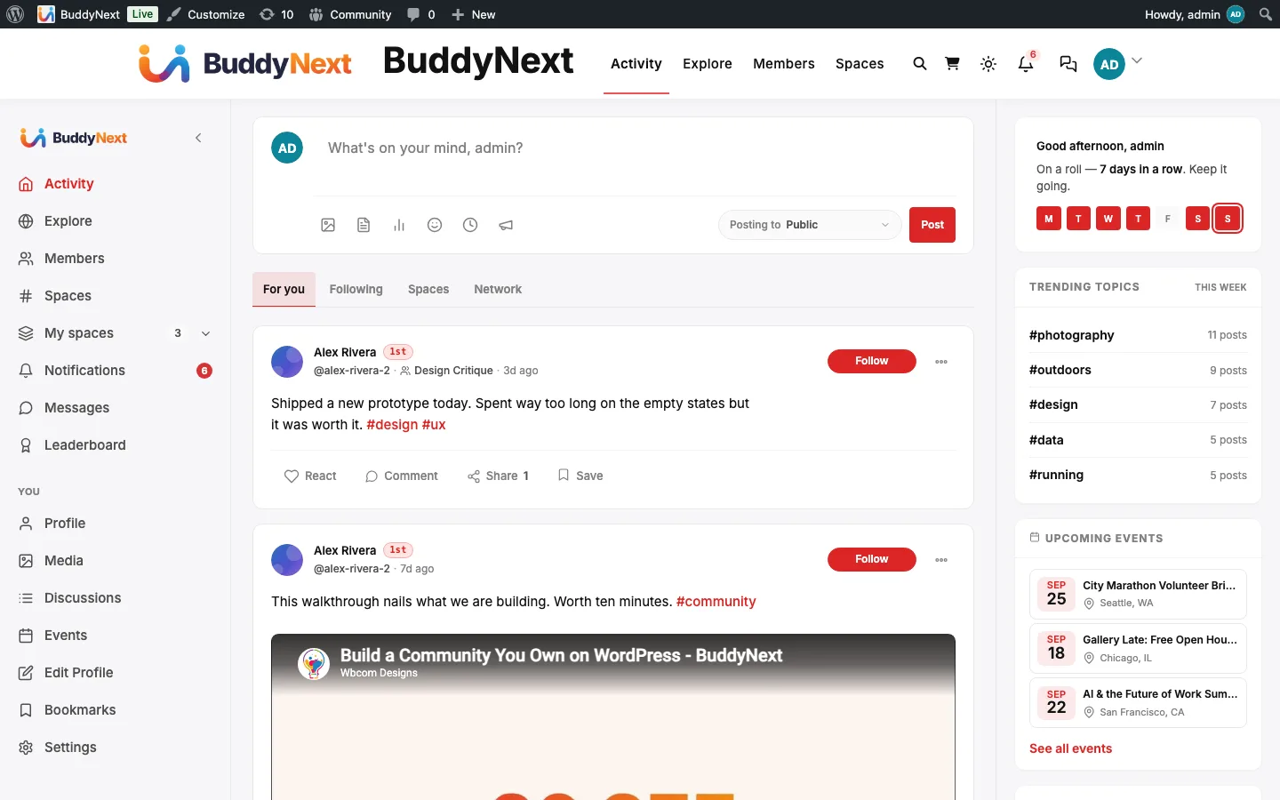 The BuddyNext activity feed running on the BuddyX theme