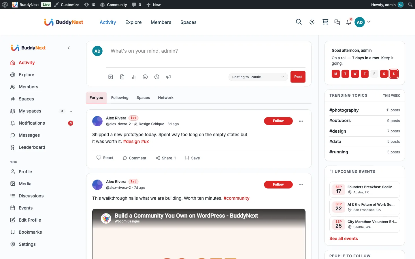 The BuddyNext activity feed running on the Reign theme