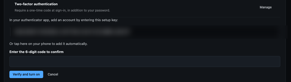 Two-factor setup - add the setup key to an authenticator app, then confirm with a 6-digit code