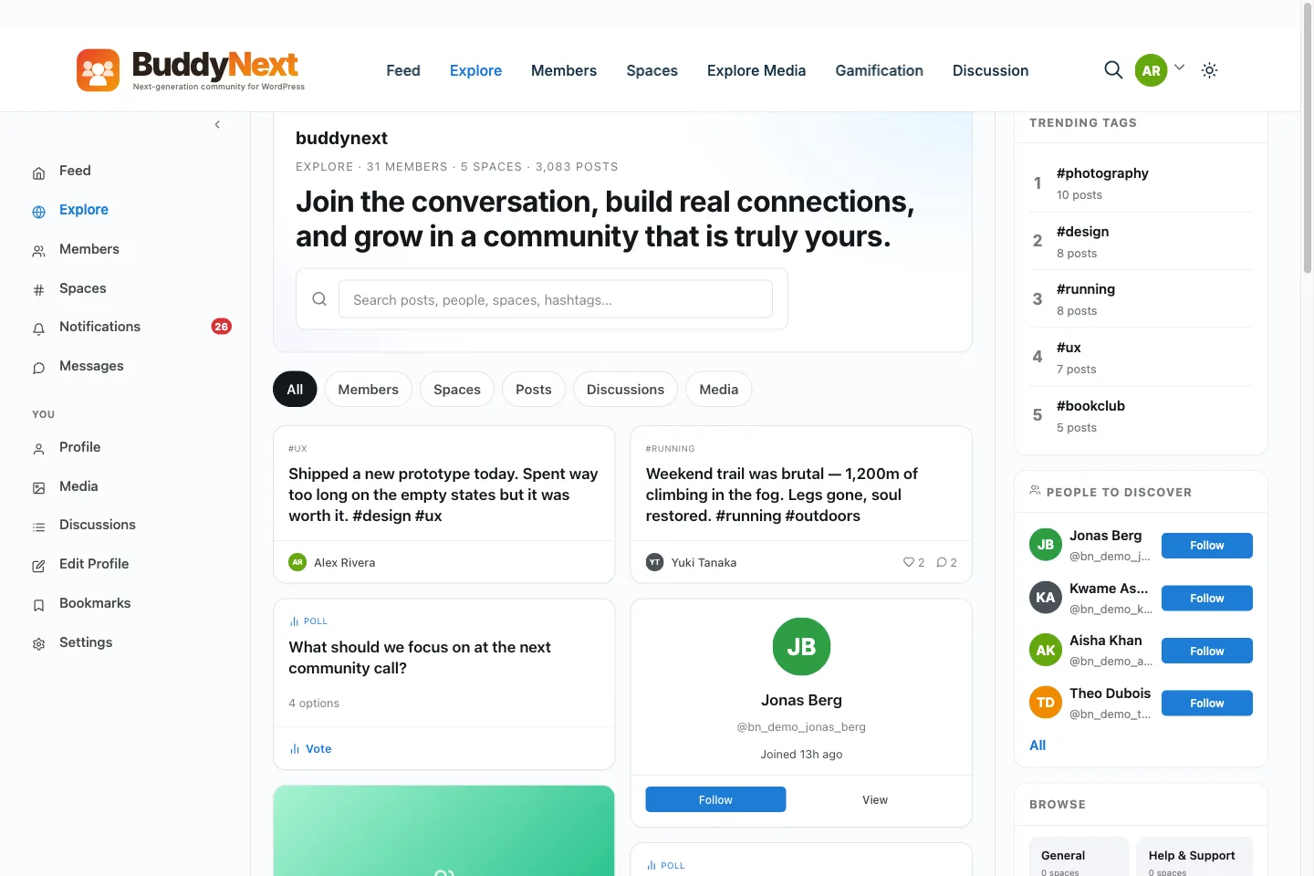 The BuddyNext Explore screen, showing the Feed, Explore, Members, Spaces, Explore Media, Gamification and Discussion modules in one community.