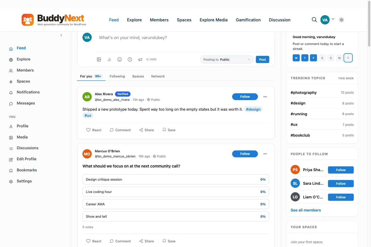 BuddyNext Home feed screen