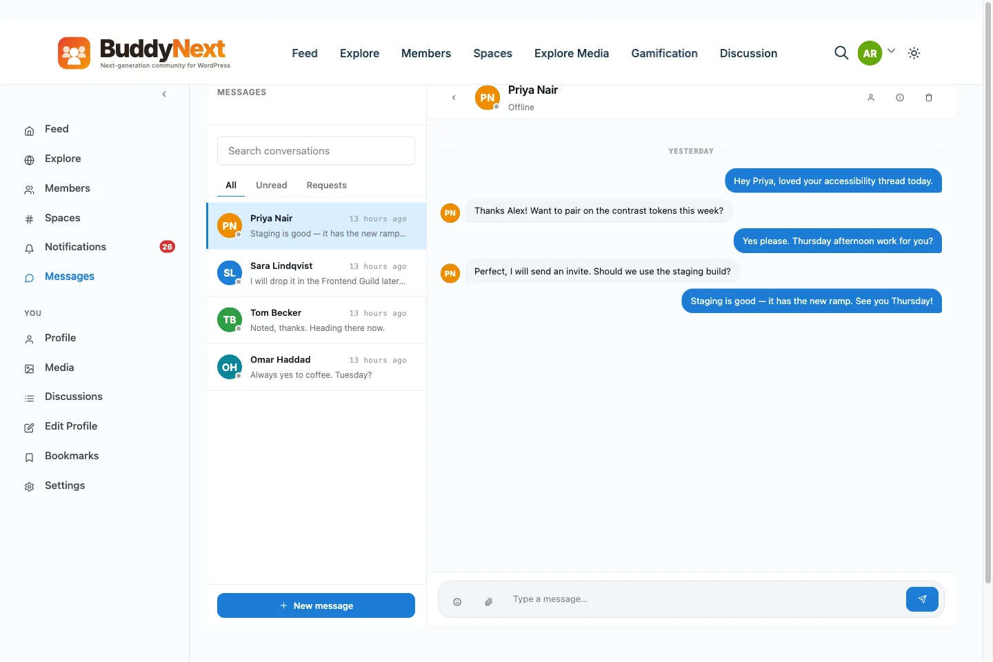 BuddyNext Messaging screen