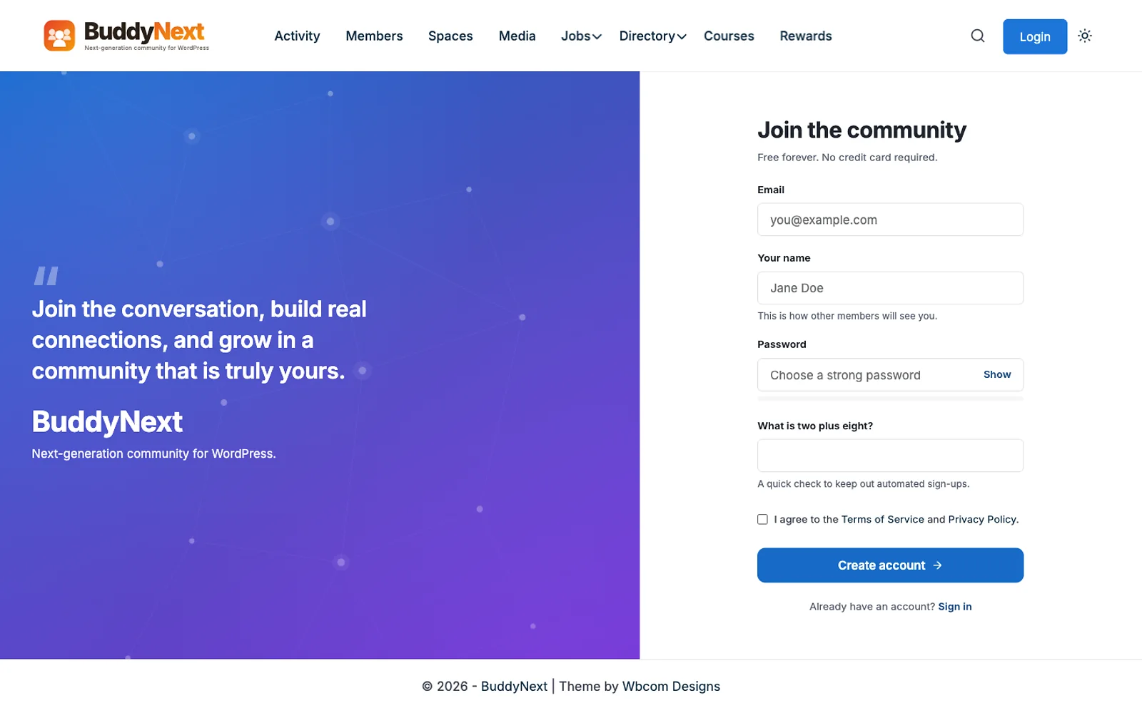 BuddyNext sign-up page with a branded panel and a short form